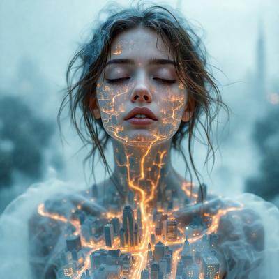 The primary subject of the image is a woman with a glowing, neon-like appearance. She is the main focus of the image, and her unique visual style sets her apart from the setting. The setting is a cityscape, with buildings and other urban elements visible in the background. The visual style of the image is a combination of photo and digital art, creating a striking and eye-catching effect. The colors and mood of the image are predominantly dark and moody, with the glowing neon